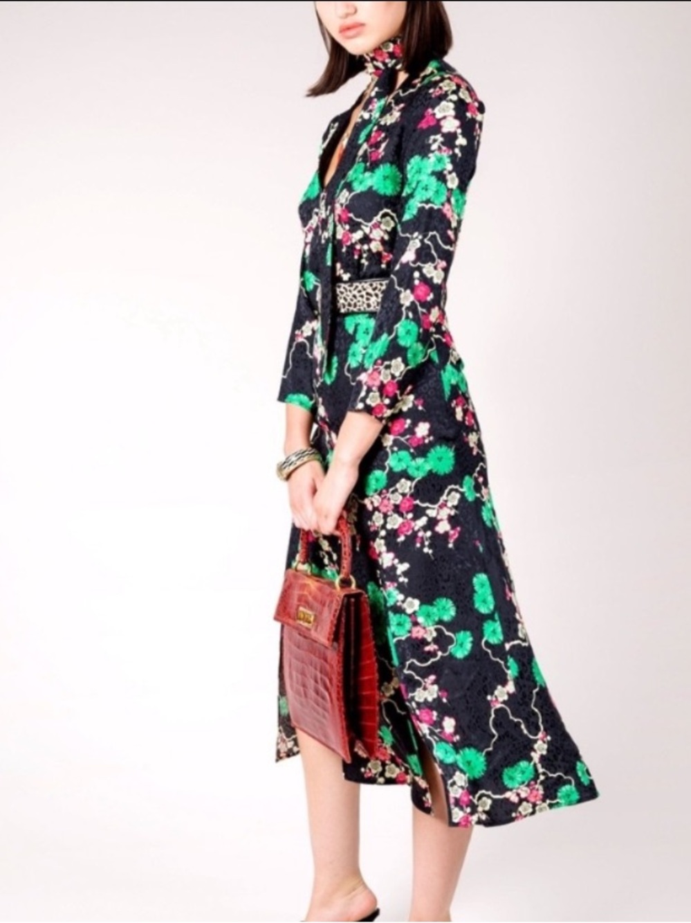 RIXO London Silk Jacquard Stella Cherry Blossom Midi Dress